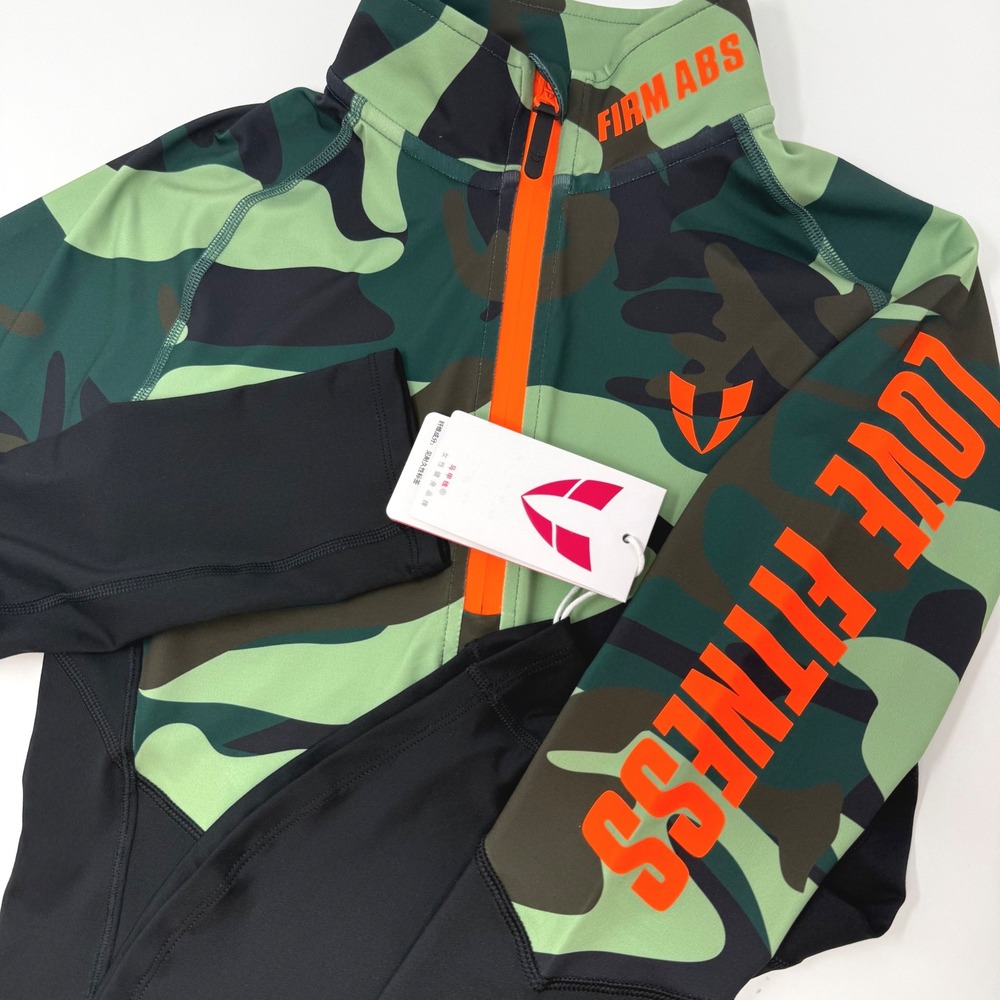Firm Abs Womens XL Camo 1/4 Zip Long Sleeve Athletic Top Green Orange NEW